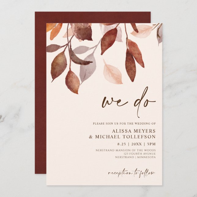 Invitation Aquarelle mariage de automne Feuille rouille de fe (Devant / Derrière)