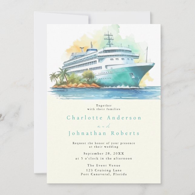 Invitation Aquarelle Mariage de croisière (Devant)