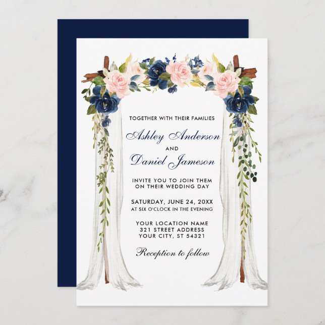 Invitation Aquarelle mariage de la canopée Floral rose Bleu (Devant / Derrière)