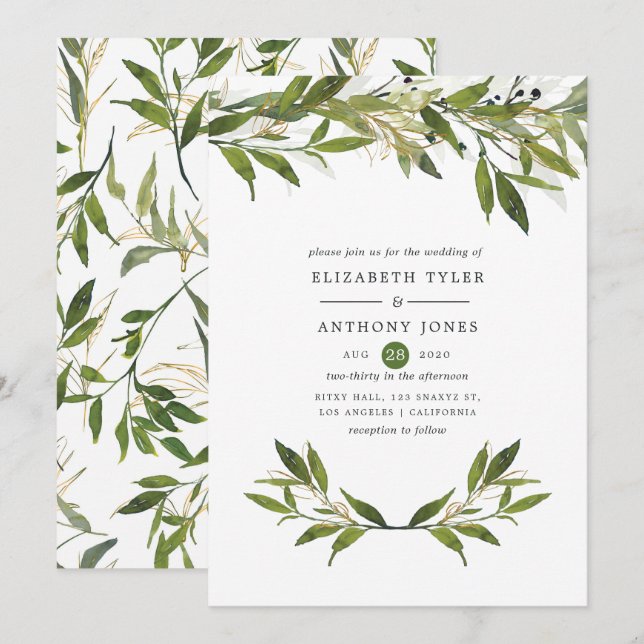Invitation Aquarelle Mariage de verdure feuillus (Devant / Derrière)
