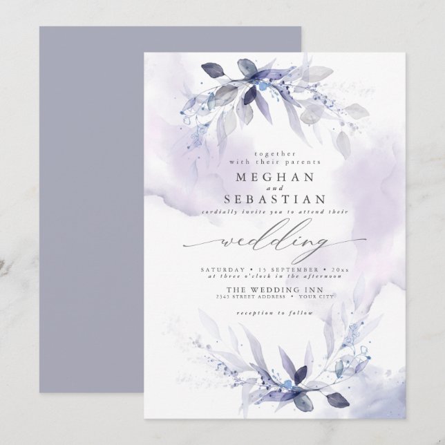 Invitation Aquarelle Mariage Dreamy Lilac (Devant / Derrière)
