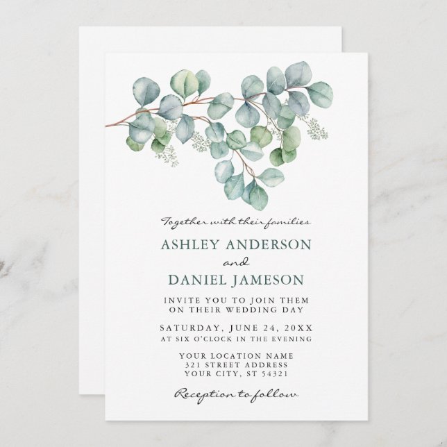 Invitation Aquarelle mariage Eucalyptus Vert Photo (Devant / Derrière)