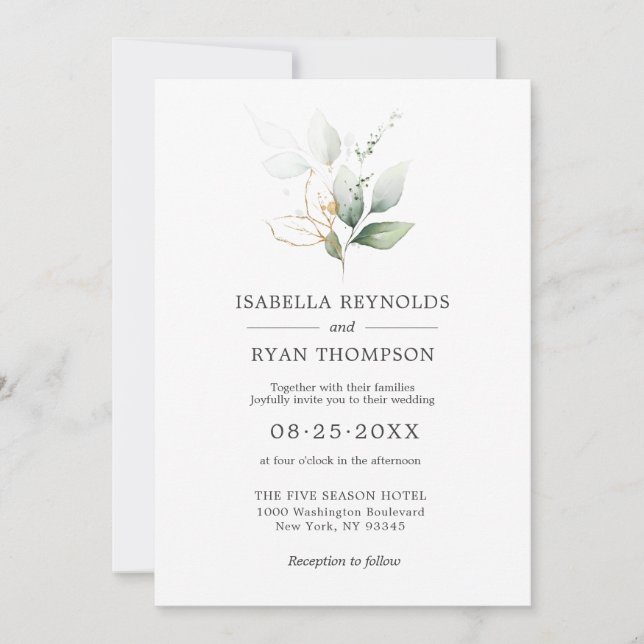 Invitation Aquarelle mariage Feuilles Branches Gold Green Inv (Devant)
