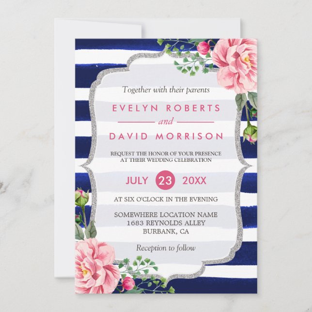 Invitation Aquarelle mariage Floral Argent Marine Bleu rayure (Devant)