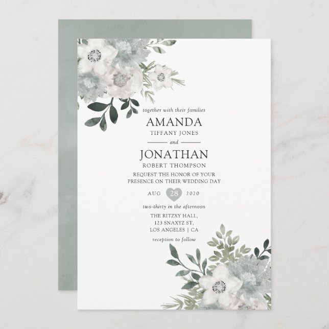Invitation Aquarelle Mariage floral argent Sage (Devant / Derrière)