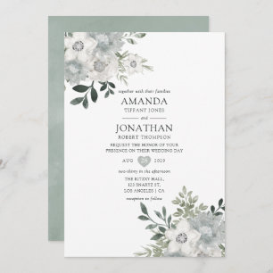 Invitation Aquarelle Mariage floral argent Sage