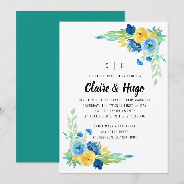Invitation Aquarelle Mariage Floral bleu de mer (Devant / Derrière)
