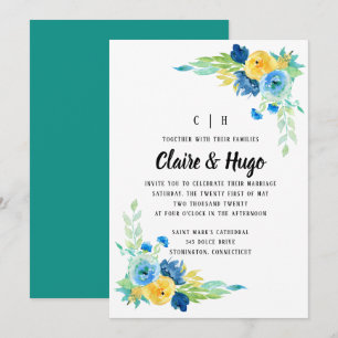 Invitation Aquarelle Mariage Floral bleu de mer