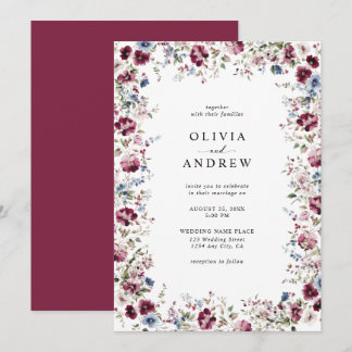 Invitation Aquarelle mariage floral bleu marine Bourgogne