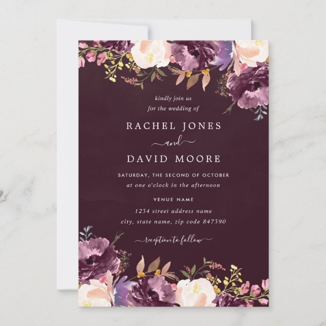 Invitation Aquarelle mariage floral bordeaux violet (Devant)