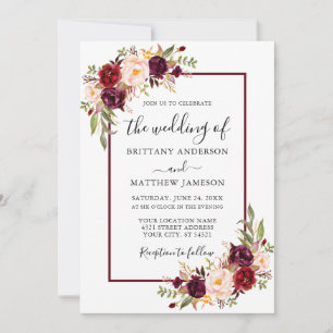 Invitation Aquarelle mariage Floral Bourgogne Cadre