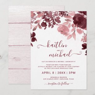 Invitation Aquarelle Mariage Floral - Bourgogne et rose