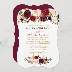 Invitation Aquarelle Mariage Floral Bourgogne or