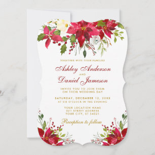 Invitation Aquarelle mariage Floral Poinsettia Or Rouge
