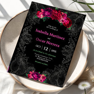 Invitation Aquarelle mariage floral rose mexicain noir