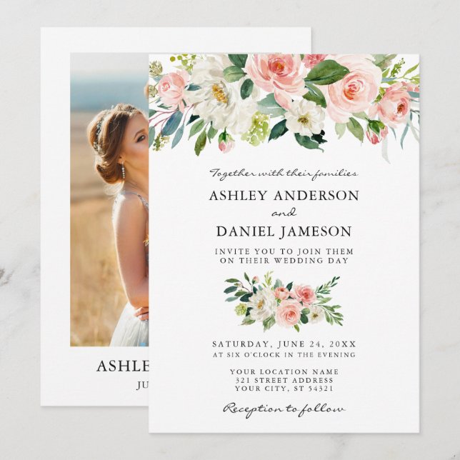 Invitation Aquarelle mariage Florale rose pâle photo (Devant / Derrière)