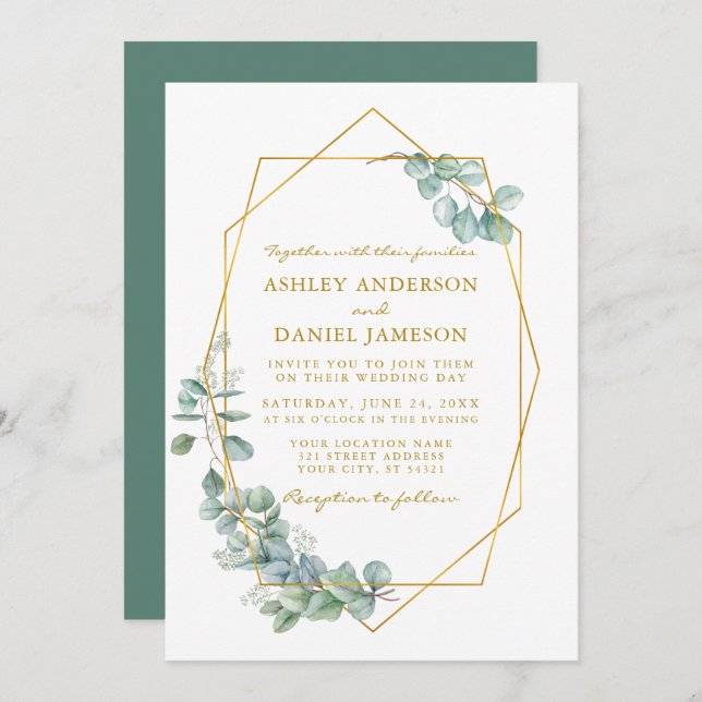 Invitation Aquarelle mariage Gold Frame Eucalyptus Vert (Devant / Derrière)