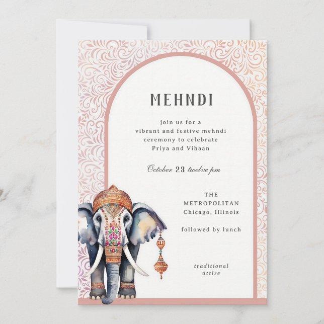 Invitation Aquarelle Mariage indien Elephant Mehndi (Devant)