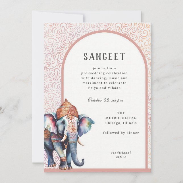 Invitation Aquarelle Mariage indien Elephant Sangeet (Devant)