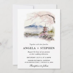 Invitation Aquarelle mariage japonais scénique Fuji et pagode