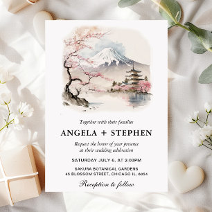 Invitation Aquarelle mariage japonais scénique Fuji et pagode