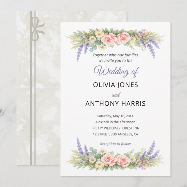 Invitation Aquarelle mariage lavande eucalyptus rose (Devant / Derrière)