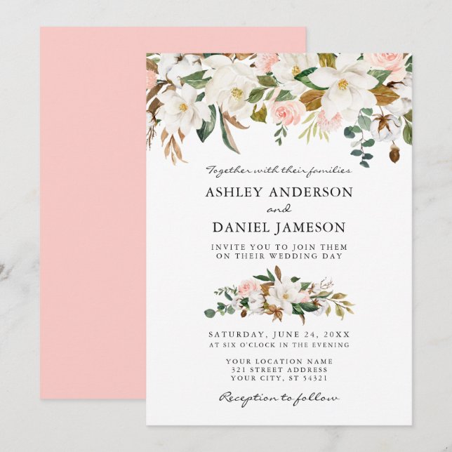 Invitation Aquarelle mariage Magnolias blancs Roses roses ros (Devant / Derrière)