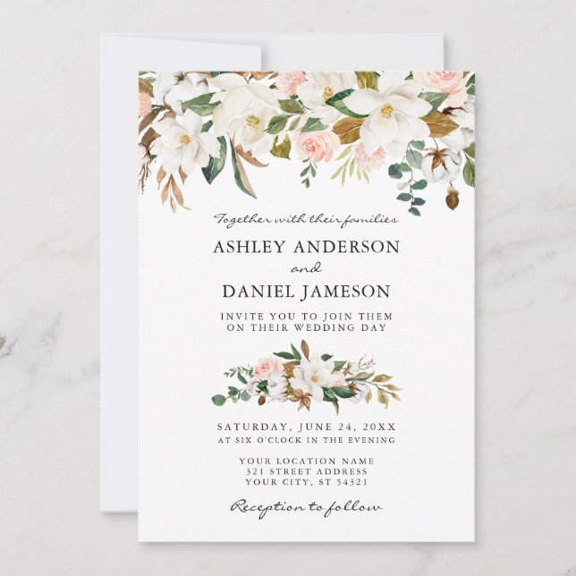Invitation Aquarelle mariage Magnolias Rose verdure (Devant)