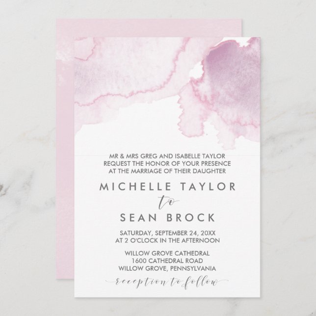 Invitation Aquarelle | Mariage officiel rose et violet (Devant / Derrière)