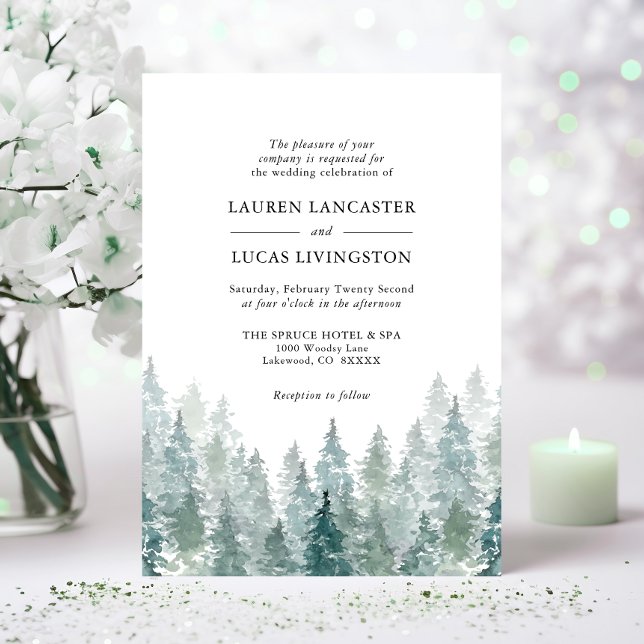 Invitation Aquarelle mariage Pin rustique Arbres de la forêt  (Wedding Watercolor Rustic Pine Trees Forest Green Invitation)