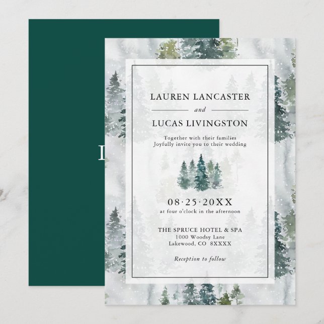 Invitation Aquarelle mariage Pins Rustiques Vert Profond Dans (Devant / Derrière)
