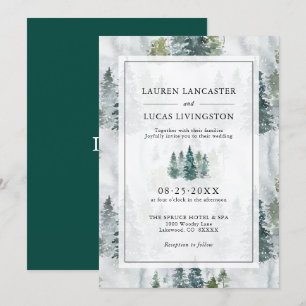Invitation Aquarelle mariage Pins Rustiques Vert Profond Dans