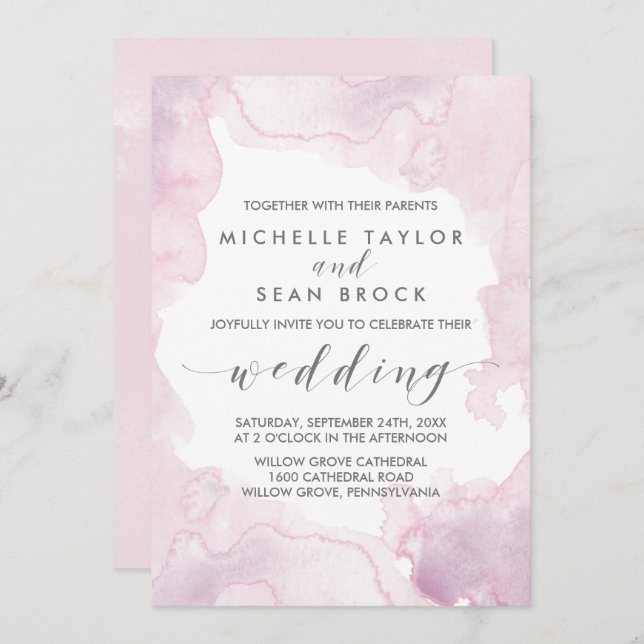 Invitation Aquarelle | Mariage rose et violet (Devant / Derrière)