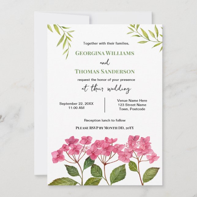 Invitation Aquarelle mariage rose Hydrangea Lacecaps (Devant)