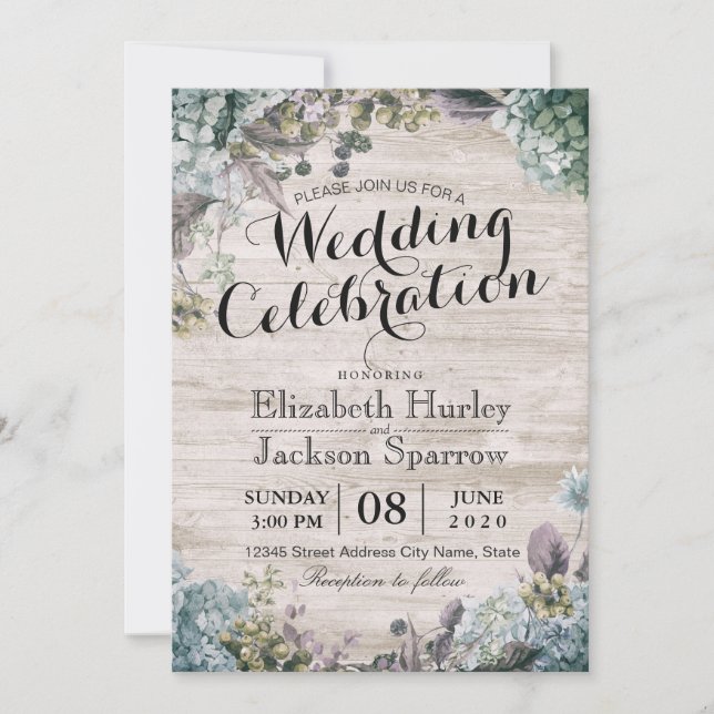 Invitation Aquarelle Mariage rustique Botanique Floral & Bois (Devant)