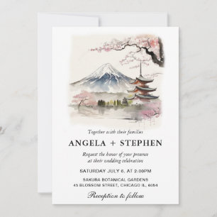 Invitation Aquarelle mariage scénique japonais Fuji et pagode