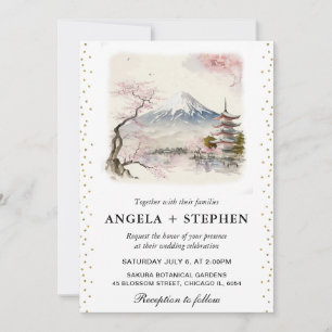 Invitation Aquarelle mariage scénique japonais Fuji et pagode
