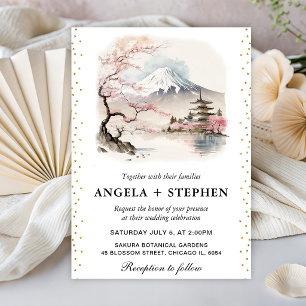 Invitation Aquarelle mariage scénique japonais Fuji et pagode