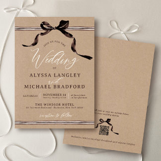 Invitation Aquarelle Mariage Simple Kraft Marron Ruban