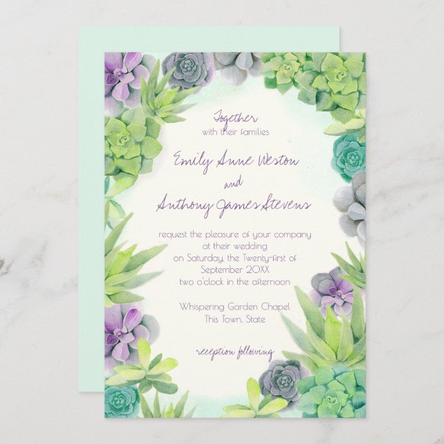 Invitation Aquarelle Mariage Succulente (Devant / Derrière)