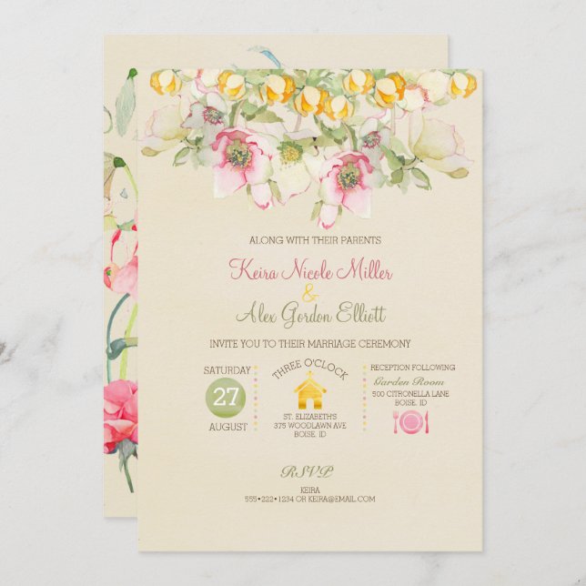 Invitation Aquarelle Mariage tout en un rose vert jaune (Devant / Derrière)