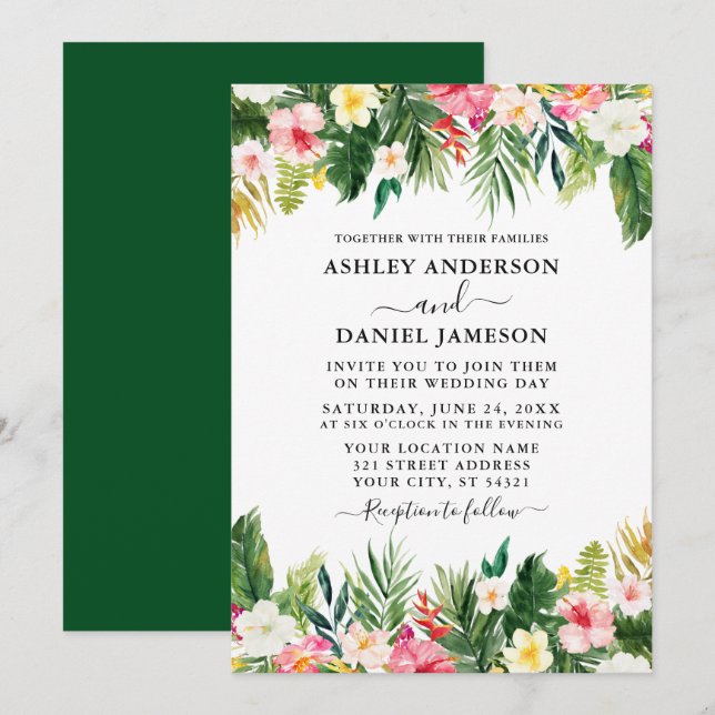 Invitation Aquarelle mariage Tropical Floral Green (Devant / Derrière)