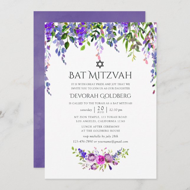 Invitation Aquarelle Mariage ultra violet Bat mitzvah floral (Devant / Derrière)