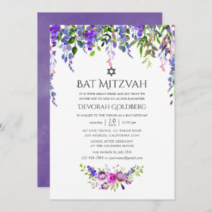 Invitation Aquarelle Mariage ultra violet Bat mitzvah floral
