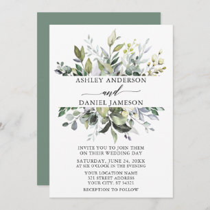 Invitation Aquarelle mariage Verdure botanique Sage Vert