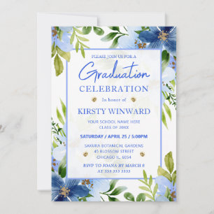 Invitation Aquarelle Marine & Baby Blue Flowers Graduation