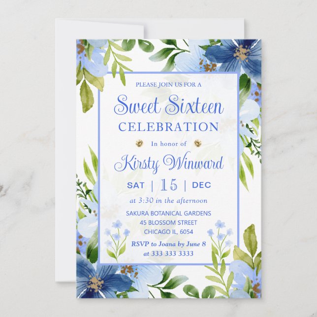 Invitation Aquarelle Marine & Baby Blue Flowers Sweet sixteen (Devant)
