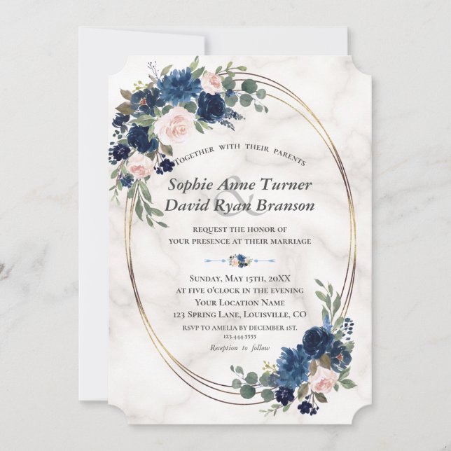 Invitation Aquarelle Marine bleu Blush Fleurs Mariage en marb (Devant)