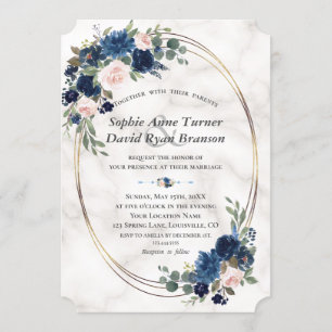 Invitation Aquarelle Marine bleu Blush Fleurs Mariage en marb