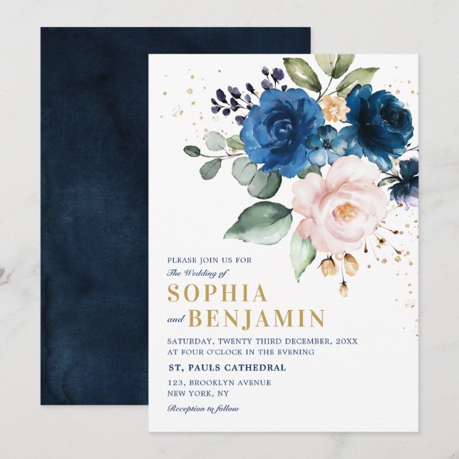 Invitation Aquarelle Marine bleu Blush Rose Floral Mariage (Devant / Derrière)